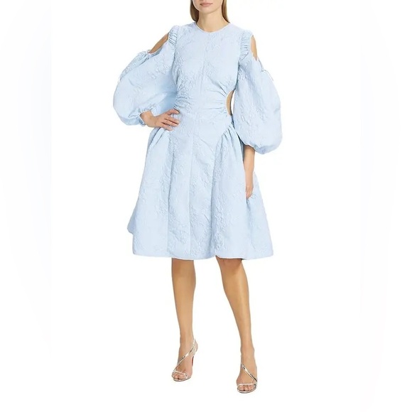 CECILIE BAHNSEN Sade Jacquard Cut Out Midi Dress in Mist Blue - Picture 2 of 14